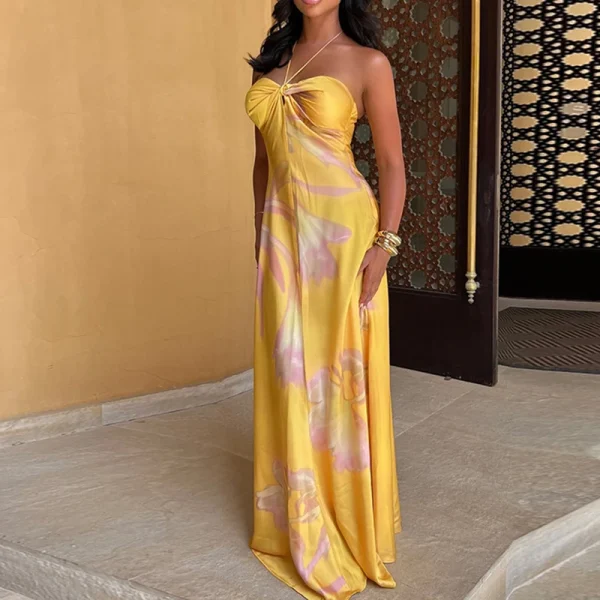 Bohemian Printed Halter Satin Hollow Off Shoulder Sleeveless Slim Party Long Dresses - Image 4