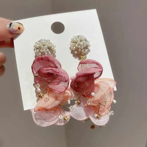 Bohemian Zinc Alloy Handmade Pearl Crystal Multi Layers Big Chiffon Flower Earrings - Image 4