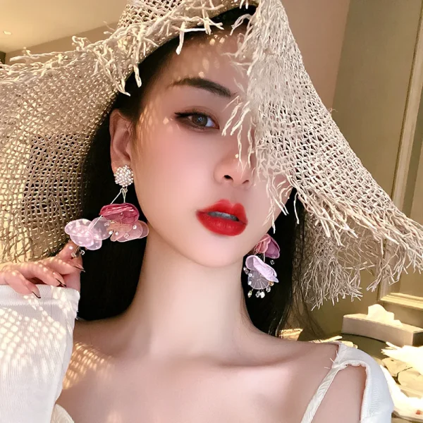 Bohemian Zinc Alloy Handmade Pearl Crystal Multi Layers Big Chiffon Flower Earrings - Image 3