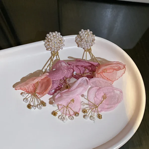 Bohemian Zinc Alloy Handmade Pearl Crystal Multi Layers Big Chiffon Flower Earrings - Image 5