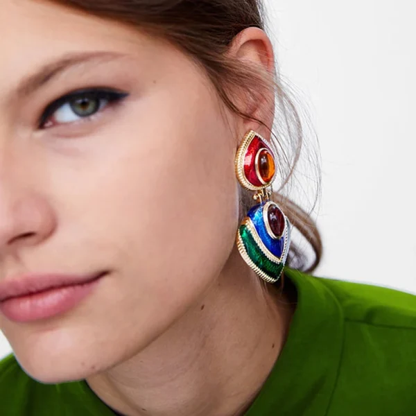 Boho Colorful Crystal Resin Heart Clip on Without Piercing Charm Maxi Statement Earrings