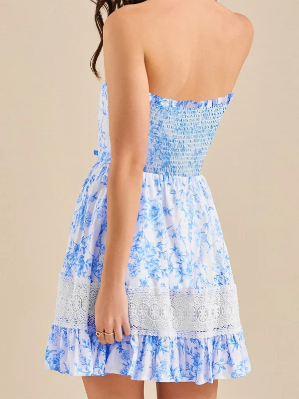 Boho Off Shoulder Floral Print Ruffled Beach Vacation Mini Dress - Image 5