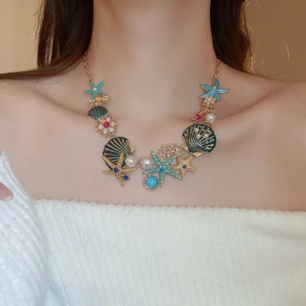 Boho Trendy Unique Design Star Shell Coral Rhinestone Chain Travel Dropping Necklace - Image 2