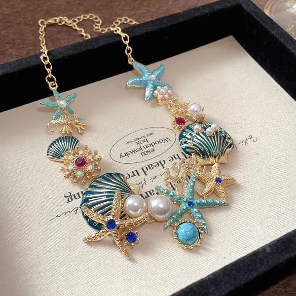 Boho Trendy Unique Design Star Shell Coral Rhinestone Chain Travel Dropping Necklace - Image 4