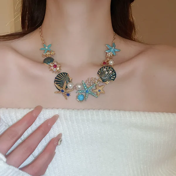 Boho Trendy Unique Design Star Shell Coral Rhinestone Chain Travel Dropping Necklace