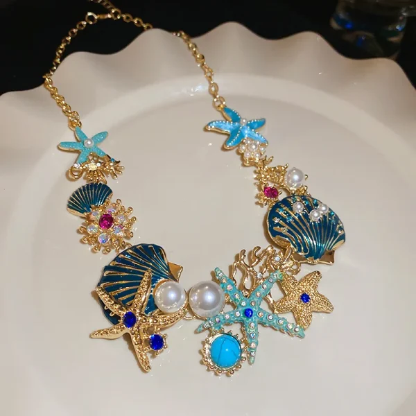 Boho Trendy Unique Design Star Shell Coral Rhinestone Chain Travel Dropping Necklace - Image 5