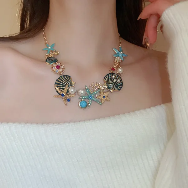Boho Trendy Unique Design Star Shell Coral Rhinestone Chain Travel Dropping Necklace - Image 3