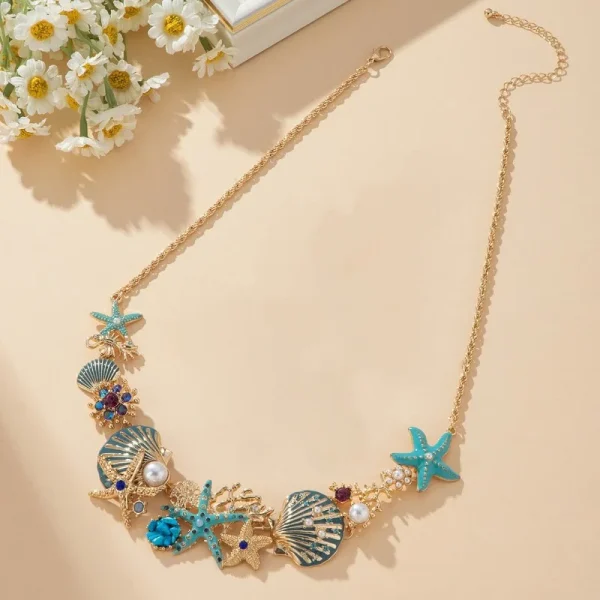 Boho Trendy Unique Design Star Shell Coral Rhinestone Chain Travel Dropping Necklace - Image 6