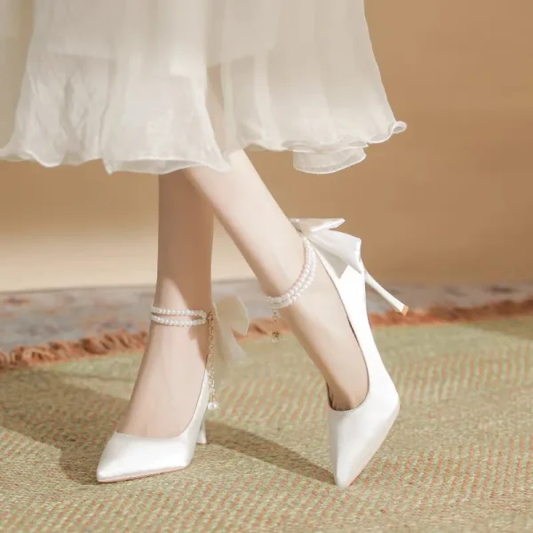 Bow Satin Stiletto Heel Point Toe Pearls Fabric Wedding High Heel Sandals - Image 2