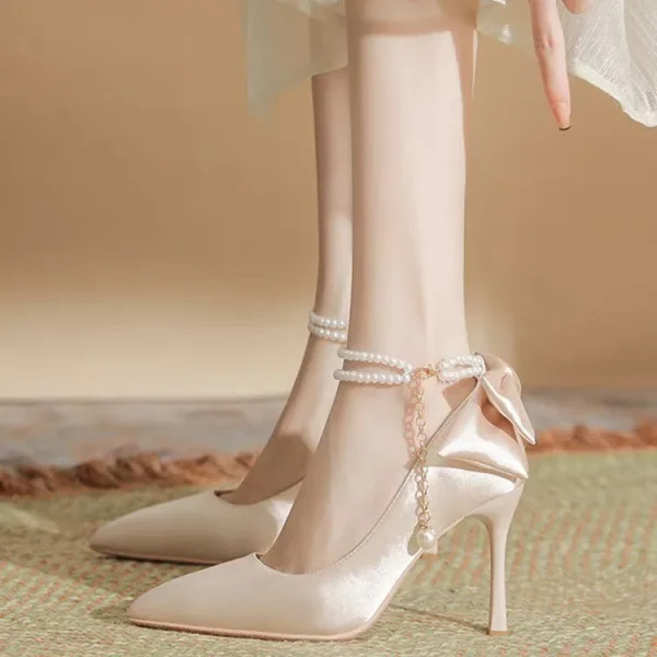 Bow Satin Stiletto Heel Point Toe Pearls Fabric Wedding High Heel Sandals - Image 10