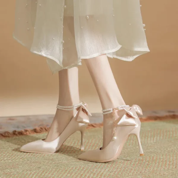Bow Satin Stiletto Heel Point Toe Pearls Fabric Wedding High Heel Sandals - Image 15