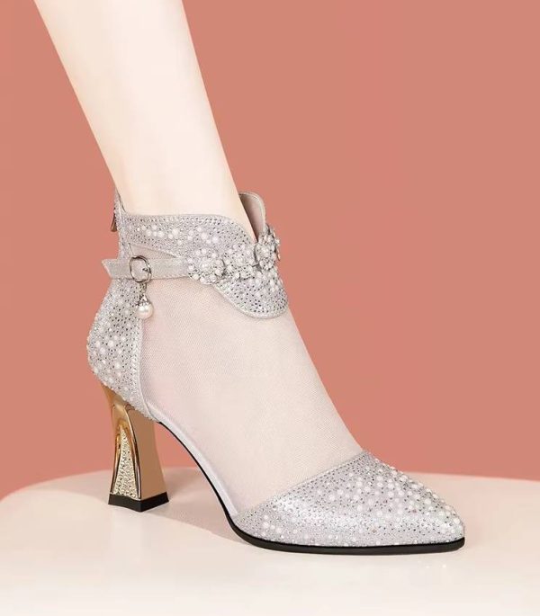 Buckle Large Comfortable Cool Pointed Mesh Breathable Rhinestone High Heel Pumps - Image 6