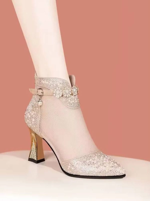Buckle Large Comfortable Cool Pointed Mesh Breathable Rhinestone High Heel Pumps