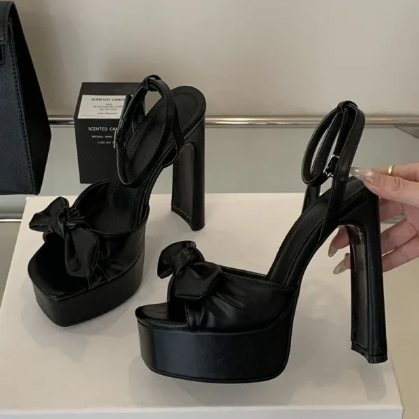 Butterfly-knot Buckle Strap Square Toe Platform High Heels Sandals - Image 8
