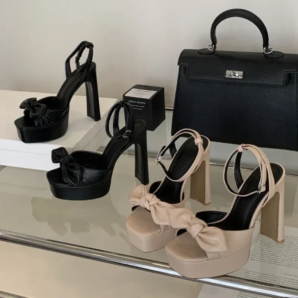 Butterfly-knot Buckle Strap Square Toe Platform High Heels Sandals - Image 9