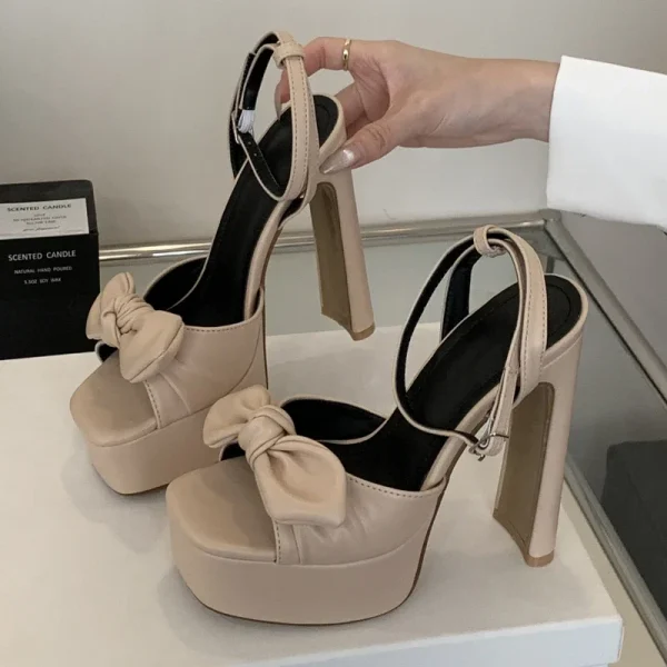 Butterfly-knot Buckle Strap Square Toe Platform High Heels Sandals - Image 4