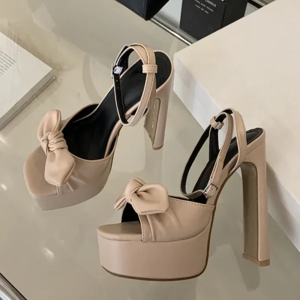 Butterfly-knot Buckle Strap Square Toe Platform High Heels Sandals - Image 5