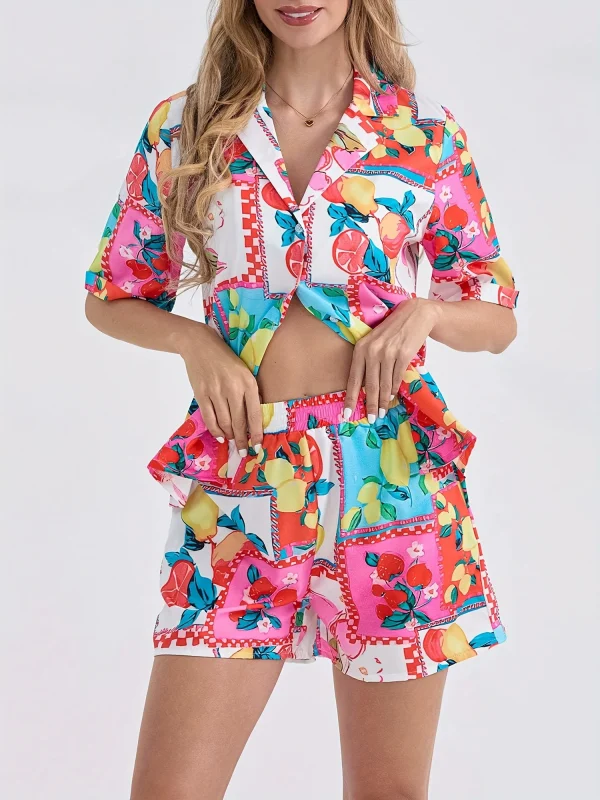 Button Drawstring Boho Multicolor High Waist Knot Rompers 2 Pcs Sets - Image 3