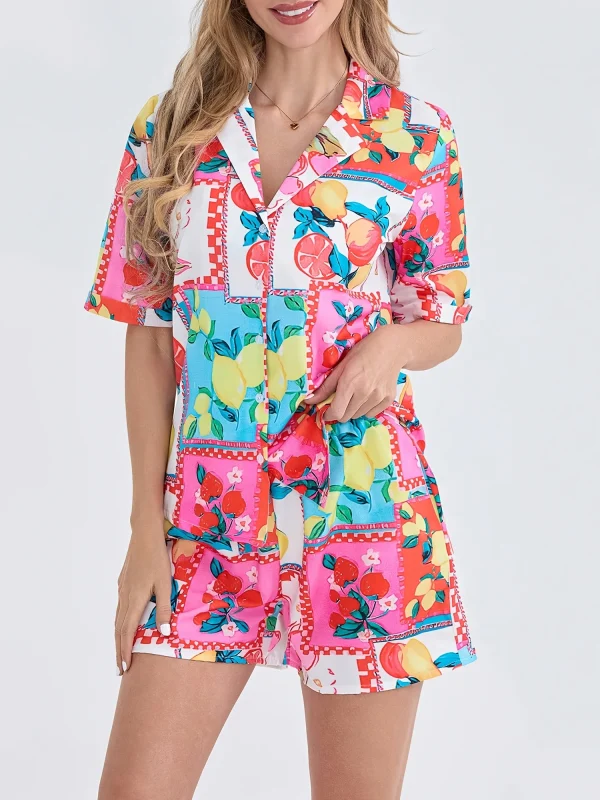 Button Drawstring Boho Multicolor High Waist Knot Rompers 2 Pcs Sets - Image 4