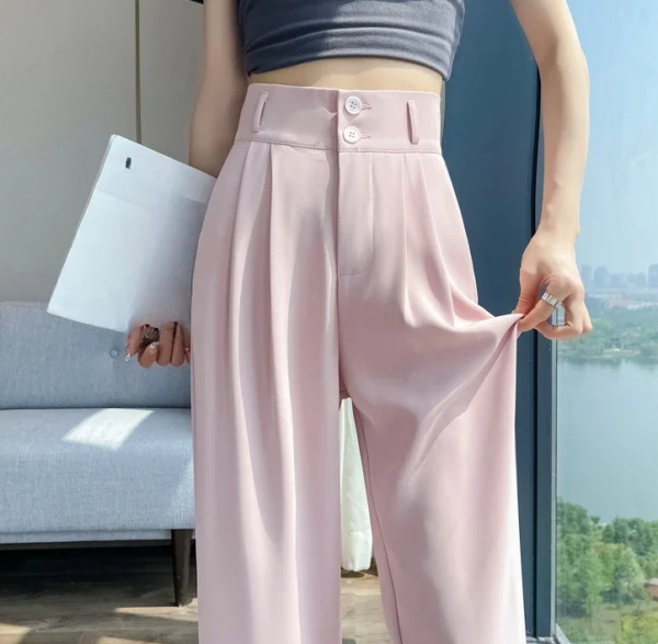 Button High Waist Wide Leg High Waist Straight Loose Full Length Trousers - Image 5
