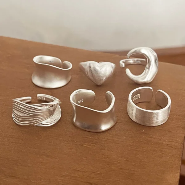 Casual 925 Sterling Silver Couple Minimalist Handmade Simple Wide Moon Party Jewelry Ring 6 Set - Image 3