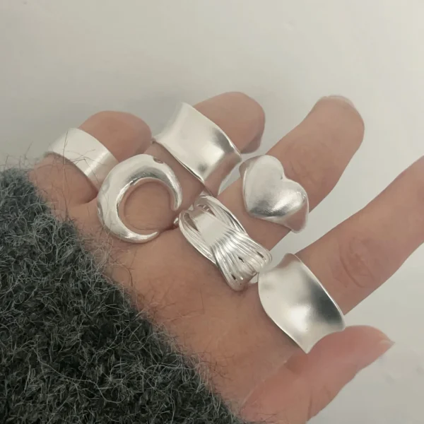 Casual 925 Sterling Silver Couple Minimalist Handmade Simple Wide Moon Party Jewelry Ring 6 Set - Image 2