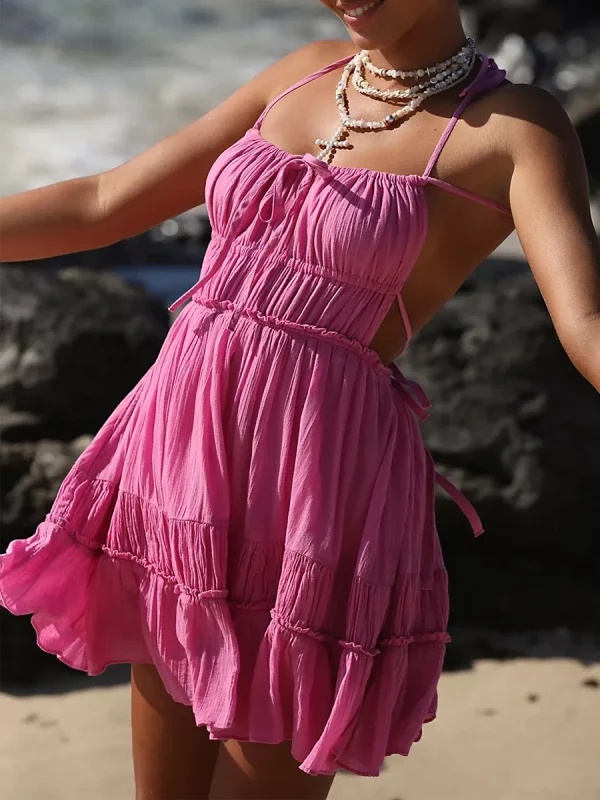 Casual Backless Solid Color Sleeveless Ruffled Cocktail Beach Club Streetwear Party Dress - Image 7