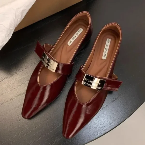 Casual Buckle Design Fine Plaid Leather Retro Pointed Toe Low-Heeled Shoes - Image 3