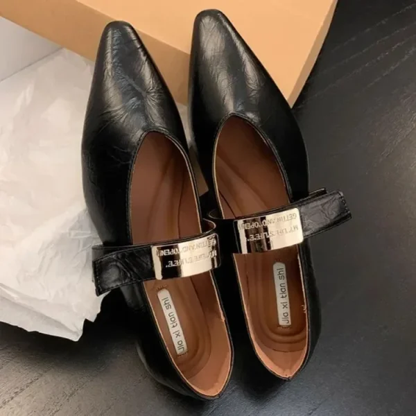 Casual Buckle Design Fine Plaid Leather Retro Pointed Toe Low-Heeled Shoes - Image 6