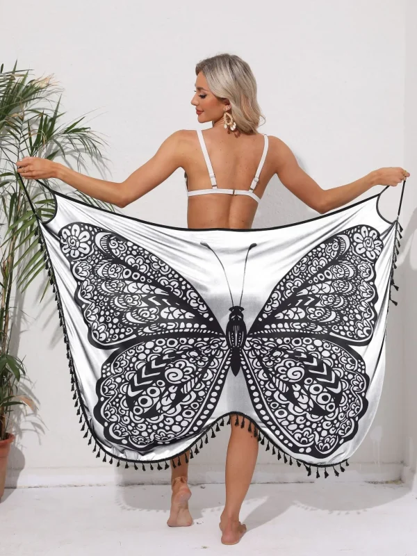 Casual Butterfly Printed Cover-ups Halter Sling Chiffon Beach Towel Swimwear - Image 11