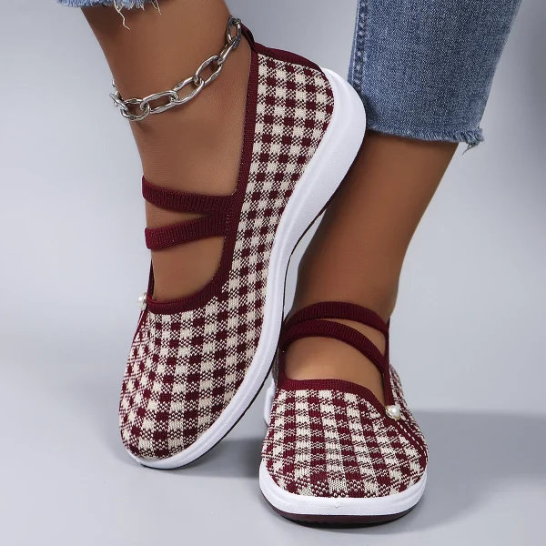 Casual Checkered Rubber Breathable Mesh Elastic Band Flat Shoes - Image 8