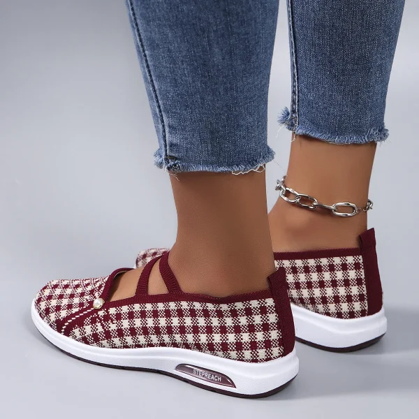 Casual Checkered Rubber Breathable Mesh Elastic Band Flat Shoes - Image 11