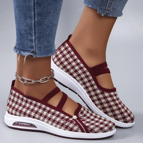 Casual Checkered Rubber Breathable Mesh Elastic Band Flat Shoes - Image 7
