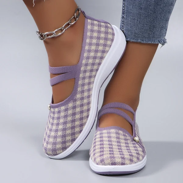 Casual Checkered Rubber Breathable Mesh Elastic Band Flat Shoes - Image 3