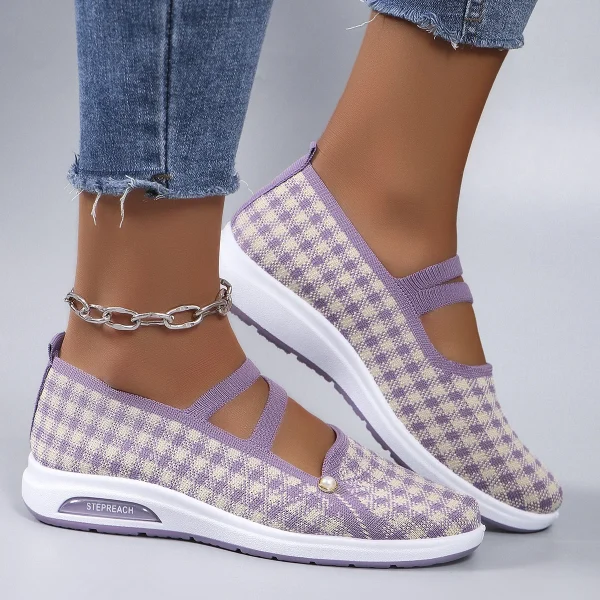 Casual Checkered Rubber Breathable Mesh Elastic Band Flat Shoes - Image 5