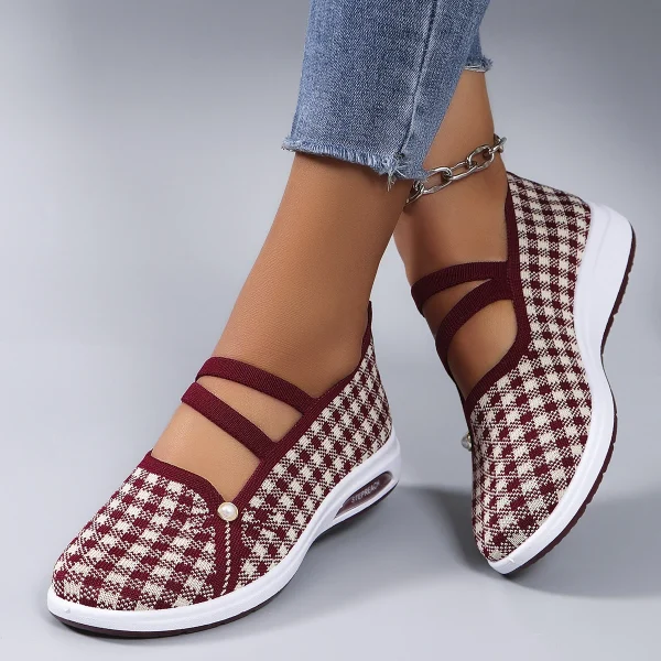 Casual Checkered Rubber Breathable Mesh Elastic Band Flat Shoes - Image 10