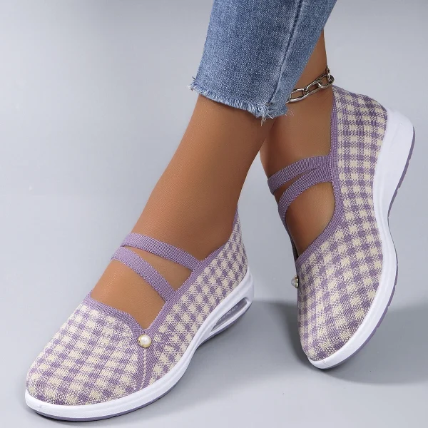 Casual Checkered Rubber Breathable Mesh Elastic Band Flat Shoes