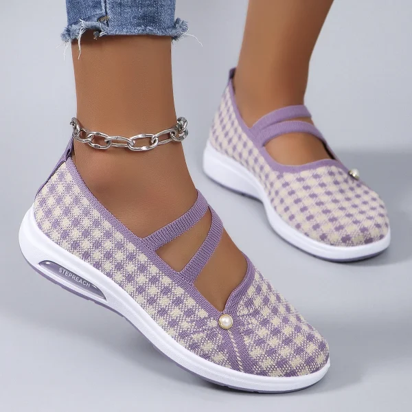 Casual Checkered Rubber Breathable Mesh Elastic Band Flat Shoes - Image 4