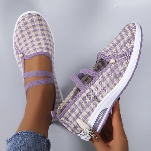 Casual Checkered Rubber Breathable Mesh Elastic Band Flat Shoes - Image 2