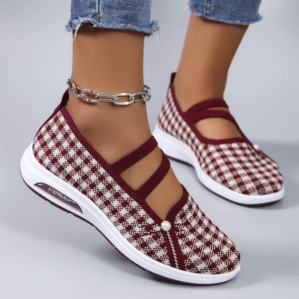 Casual Checkered Rubber Breathable Mesh Elastic Band Flat Shoes - Image 9