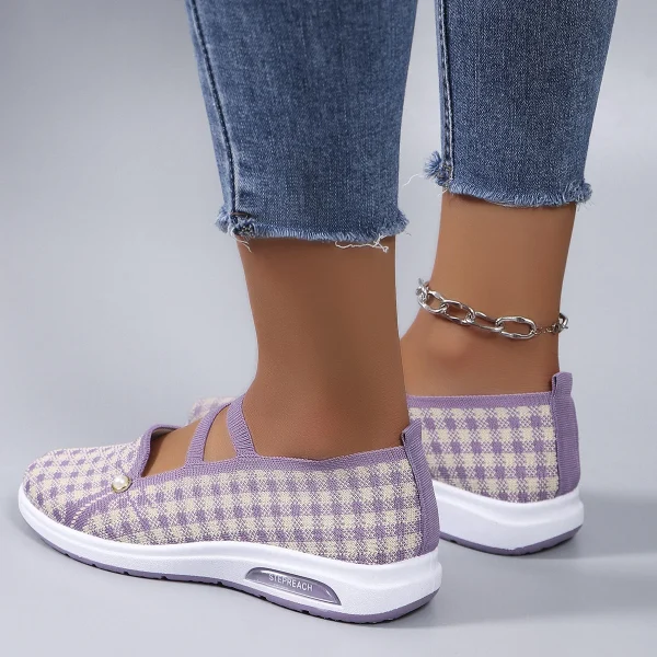 Casual Checkered Rubber Breathable Mesh Elastic Band Flat Shoes - Image 6