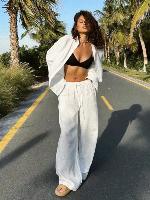 Casual Cotton Solid Color Cozy Lapel Long Sleeve Shirt Elastic Waist Pants Suits