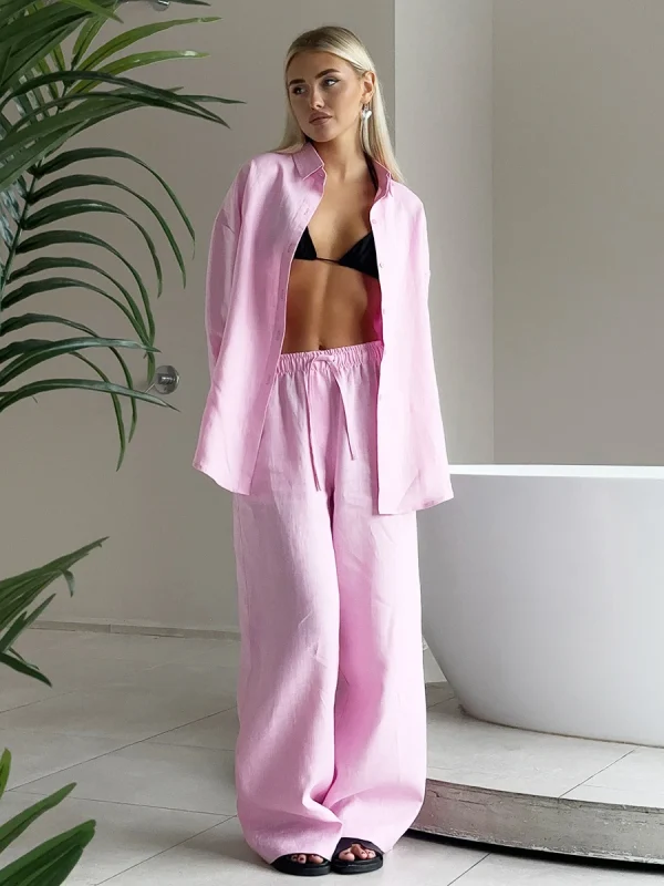 Casual Cotton Solid Color Cozy Lapel Long Sleeve Shirt Elastic Waist Pants Suits - Image 8