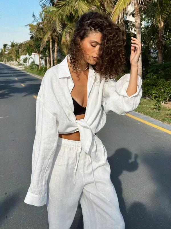 Casual Cotton Solid Color Cozy Lapel Long Sleeve Shirt Elastic Waist Pants Suits - Image 3