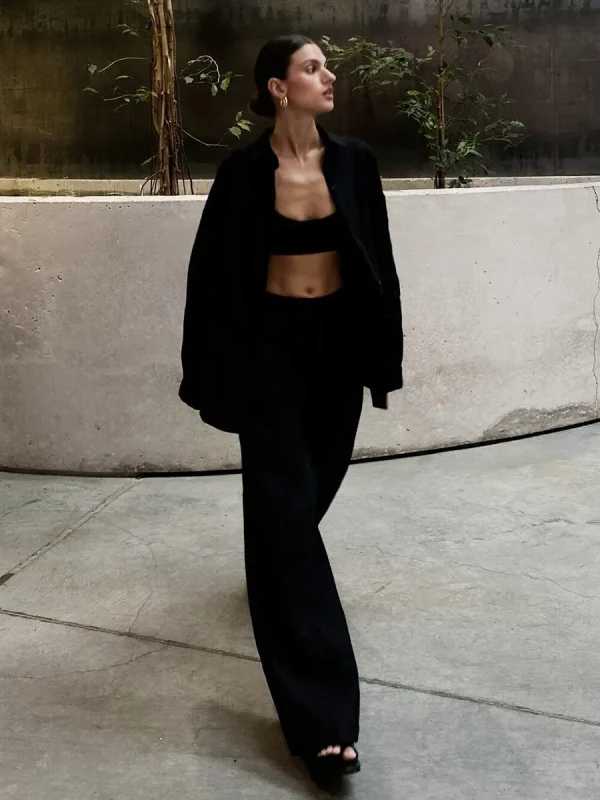 Casual Cotton Solid Color Cozy Lapel Long Sleeve Shirt Elastic Waist Pants Suits - Image 13