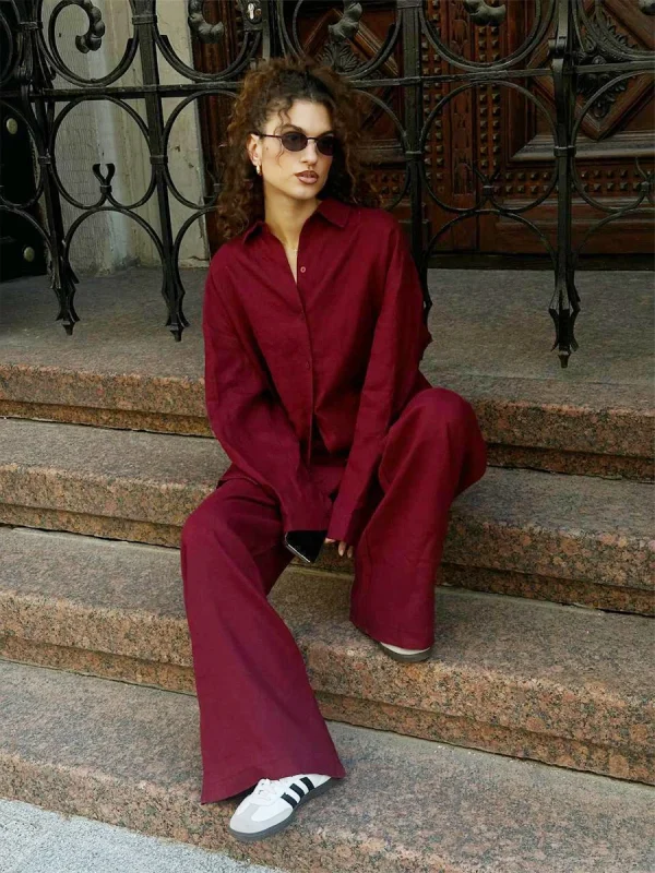 Casual Cotton Solid Color Cozy Lapel Long Sleeve Shirt Elastic Waist Pants Suits - Image 19