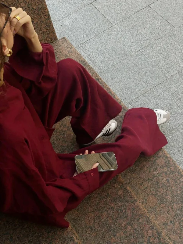 Casual Cotton Solid Color Cozy Lapel Long Sleeve Shirt Elastic Waist Pants Suits - Image 20