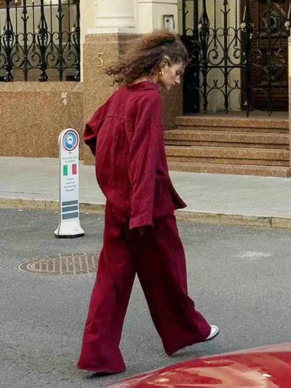 Casual Cotton Solid Color Cozy Lapel Long Sleeve Shirt Elastic Waist Pants Suits - Image 23