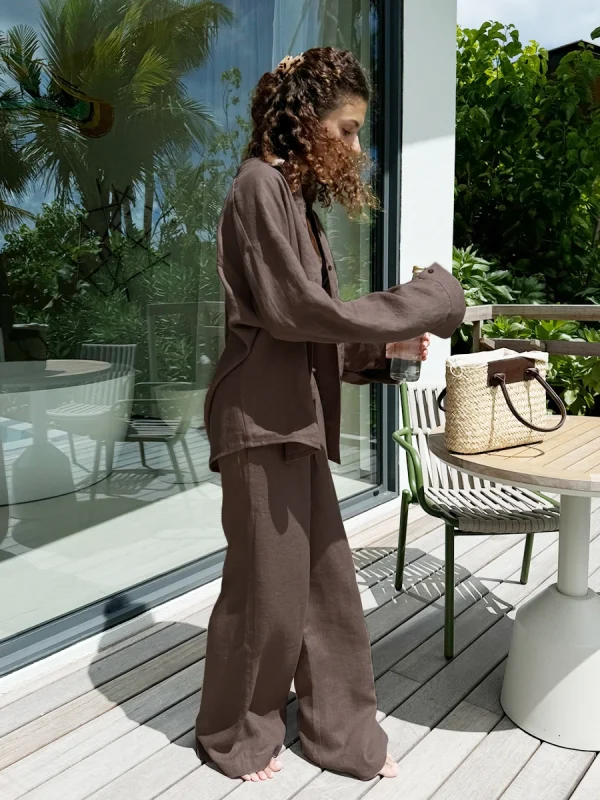 Casual Cotton Solid Color Cozy Lapel Long Sleeve Shirt Elastic Waist Pants Suits - Image 27