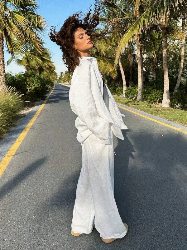 Casual Cotton Solid Color Cozy Lapel Long Sleeve Shirt Elastic Waist Pants Suits - Image 2